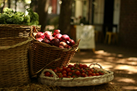 fresh fruits in baskets outside